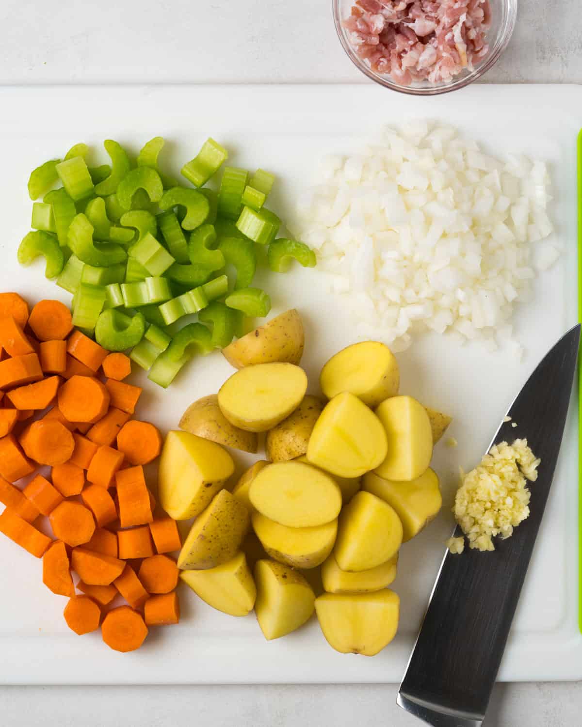 chopping vegetables for chicken stew.