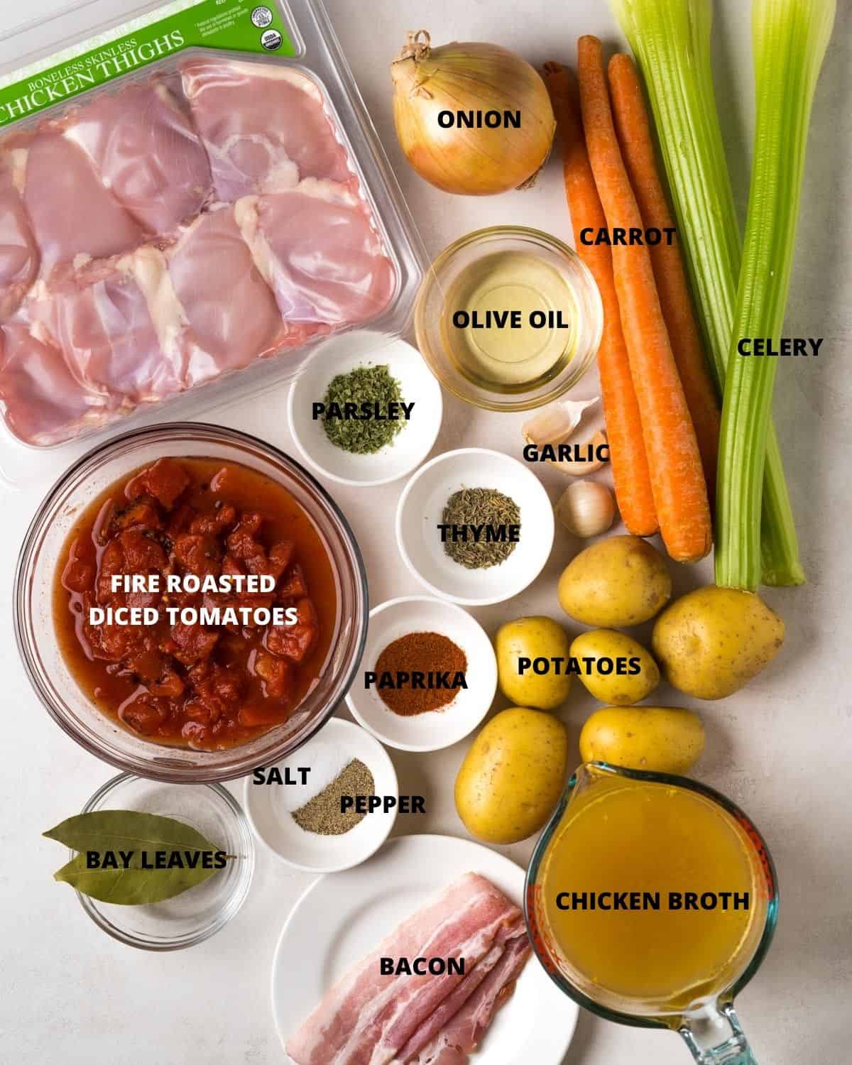 Labeled ingredients needed for chicken stew in instant pot.