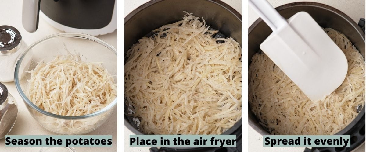 process of seasoning the potatoes and placing in the air fryer.