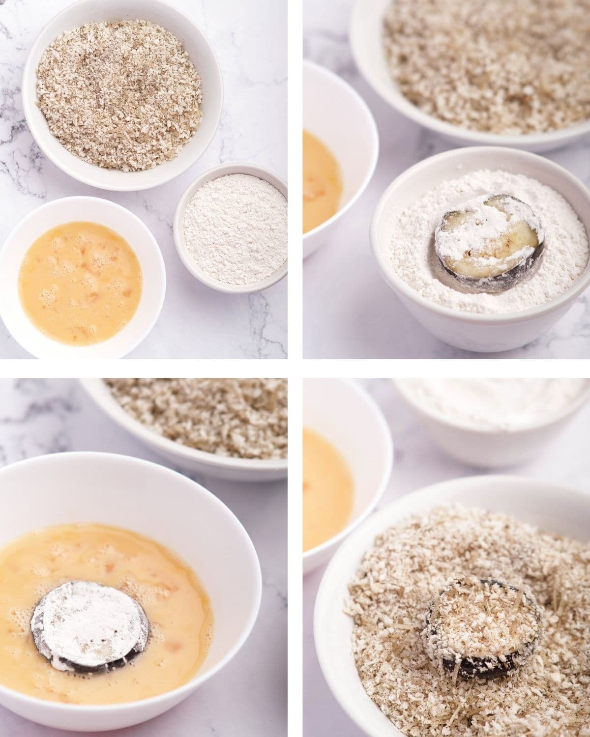 process of dredging eggplant into flour, egg and breadcrumbs