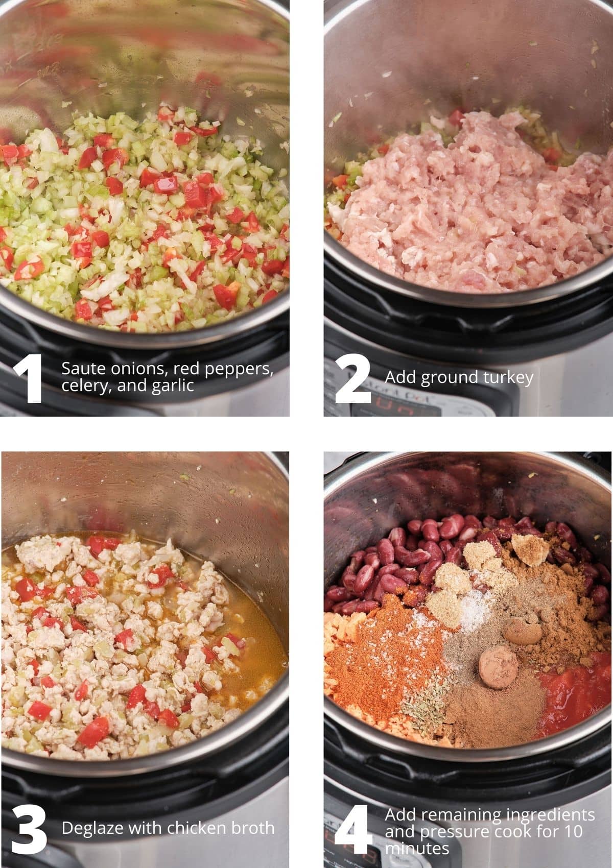 steps to make turkey chili in the instant pot: sauté vegetables, brown the ground turkey, deglaze pot with chicken broth, and add remaining ingredients.