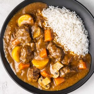A plate of Instant Pot Japanese beef curry with rice.