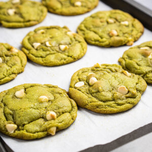 A tray of matcha white chocolate cookies.