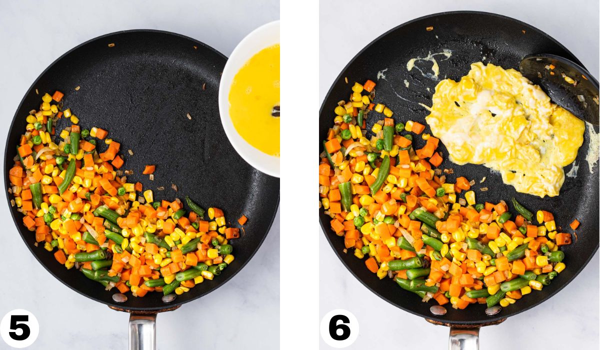 Process of moving vegetables to one side and adding eggs.