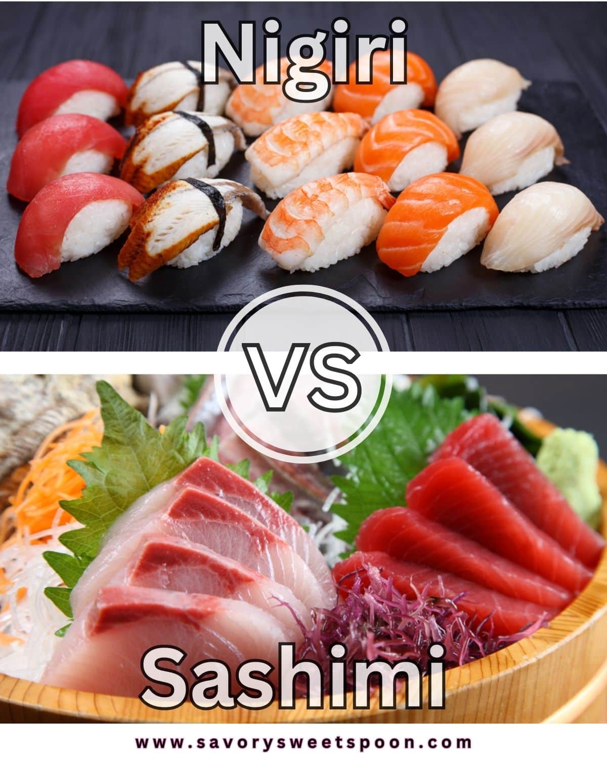 two photos: one of nigiri and one of sashimi for a side by side comparison.