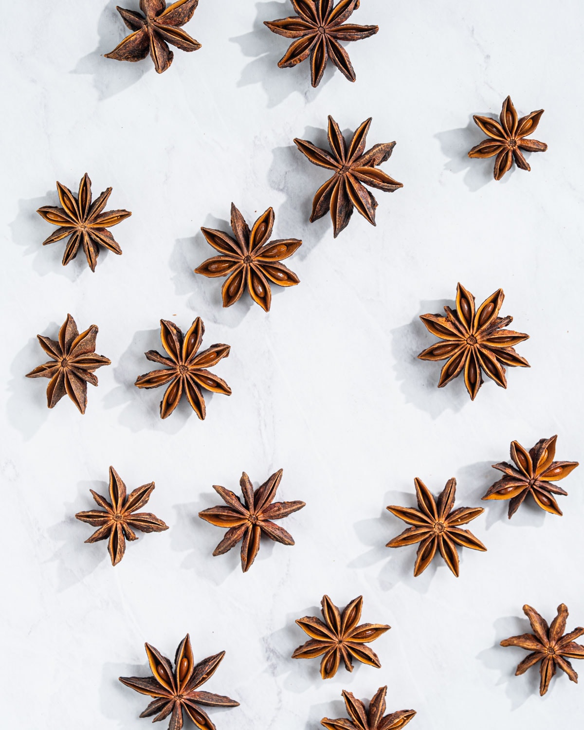 About 20 star anise pods scattered on a marble surface.