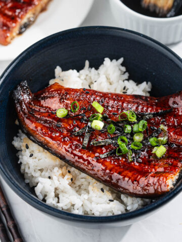 bowl of unagi don with white rice, and grilled eel topped with chopped scallions, nori strips, and sesame seeds. Surrounded by plate of grilled eel, bowl eel sauce with sauce brush and a pair of chopsticks.