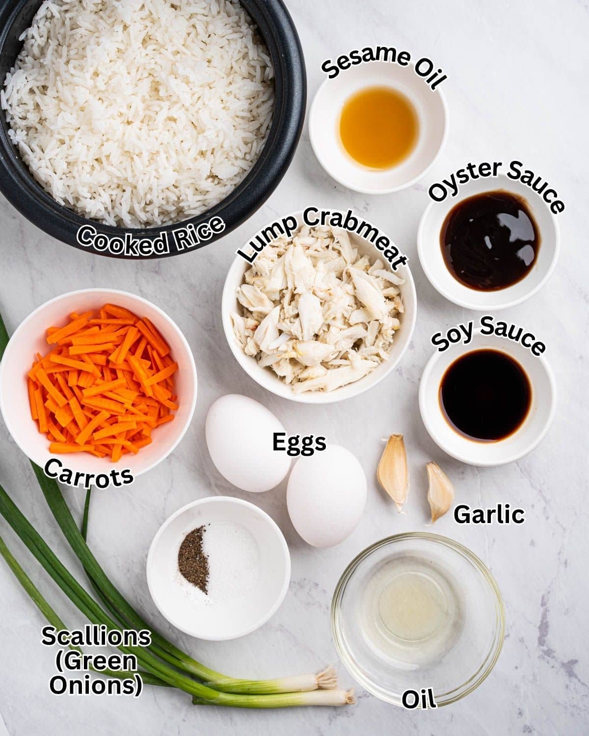 Labeled ingredients for crab fried rice.