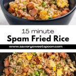 spam fried rice in a bowl with spoon holding up bite.
