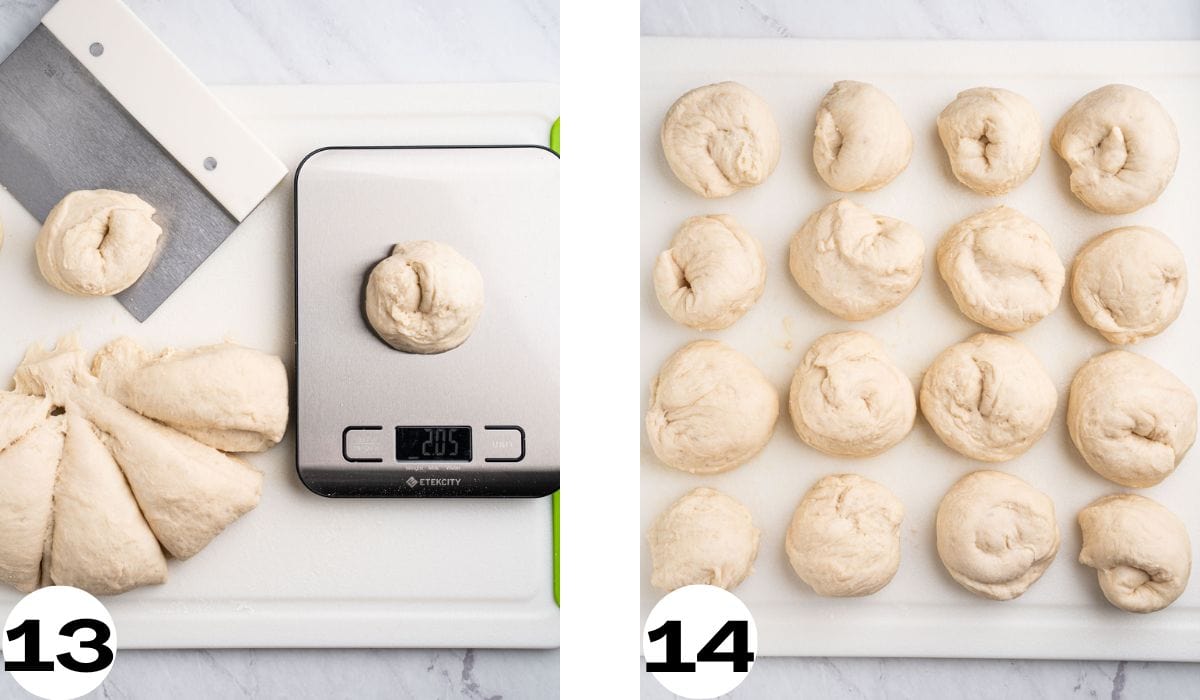 Process of weighing the portioned dough ensuring uniformity and forming them into dough balls.