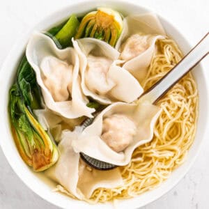 wonton noodle soup in a bowl.