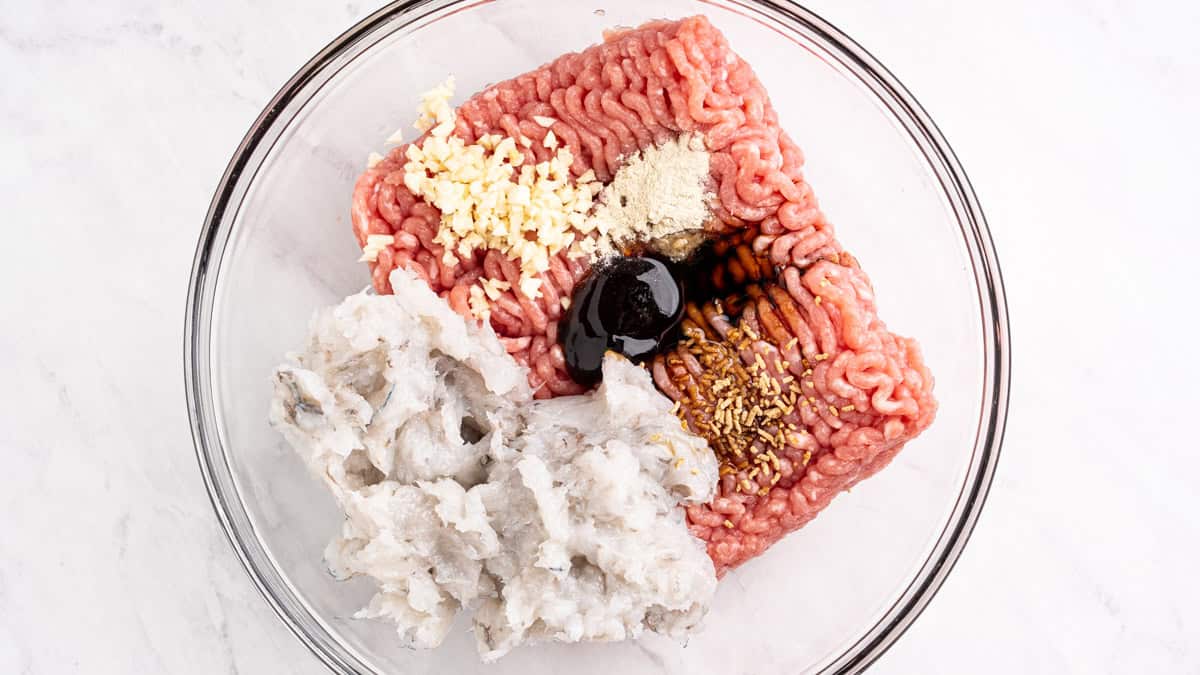 shrimp and pork filling ingredients in bowl.