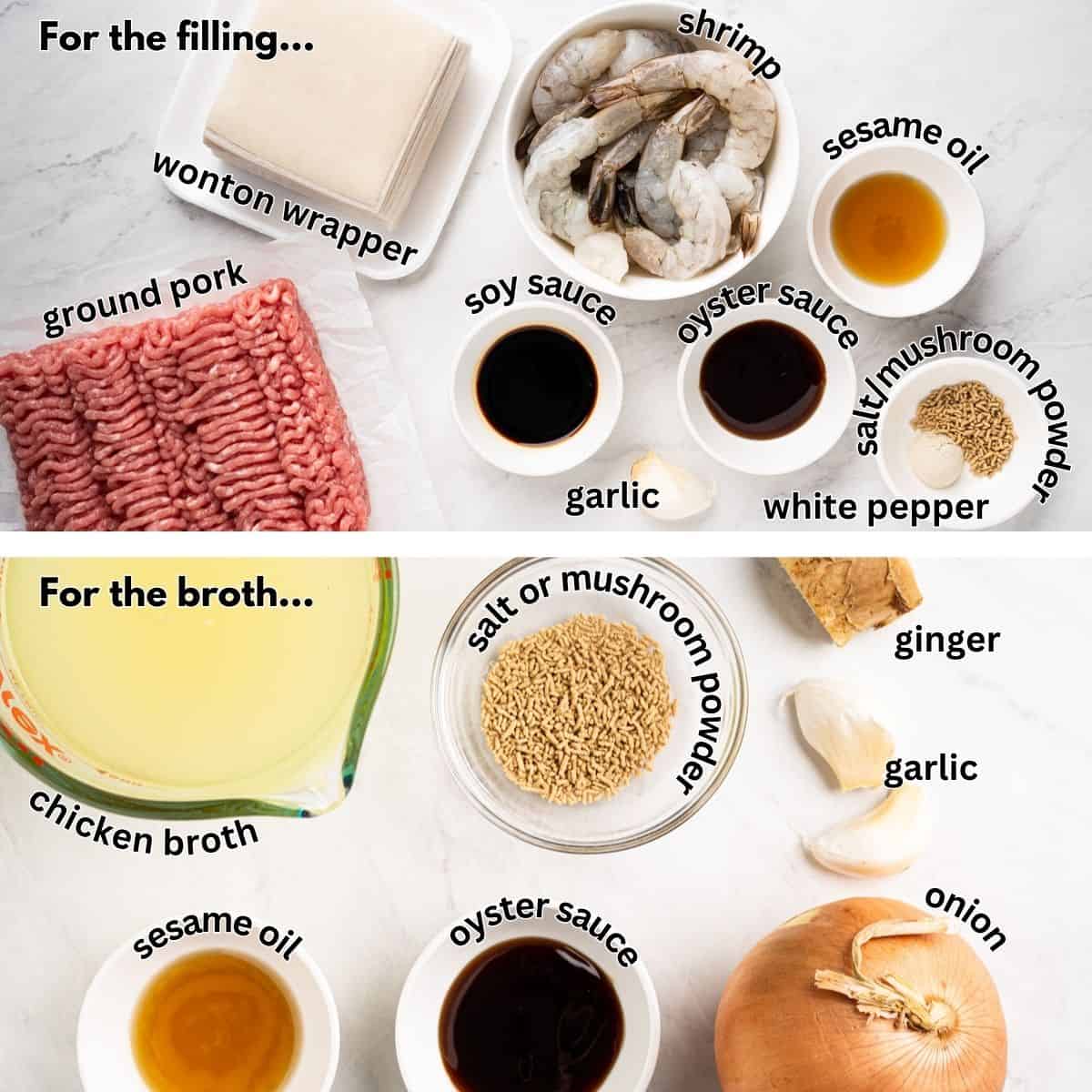 filling and broth ingredients for shrimp and ground pork wonton noodle soup.