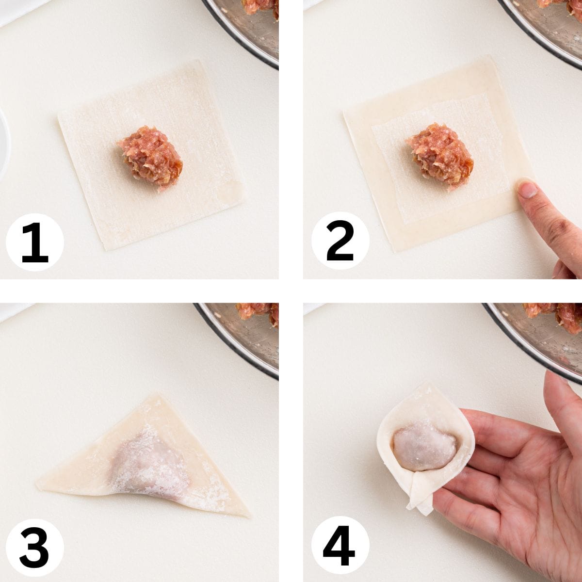 process shots of folding wonton into diamond shape.
