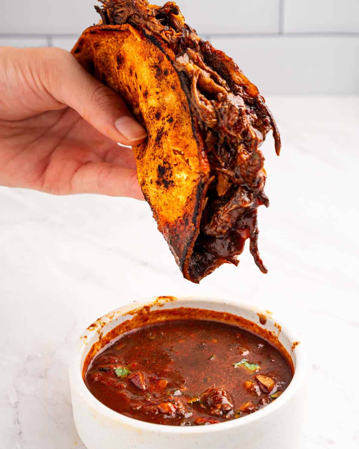 hand holding birria taco.