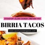 hand dipping birria tacos in consommé sauce.