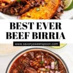 plate and pot of beef birria.